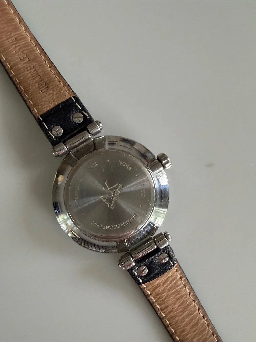Anne Klein Black Leather Strap Silver-Tone Dial Watch